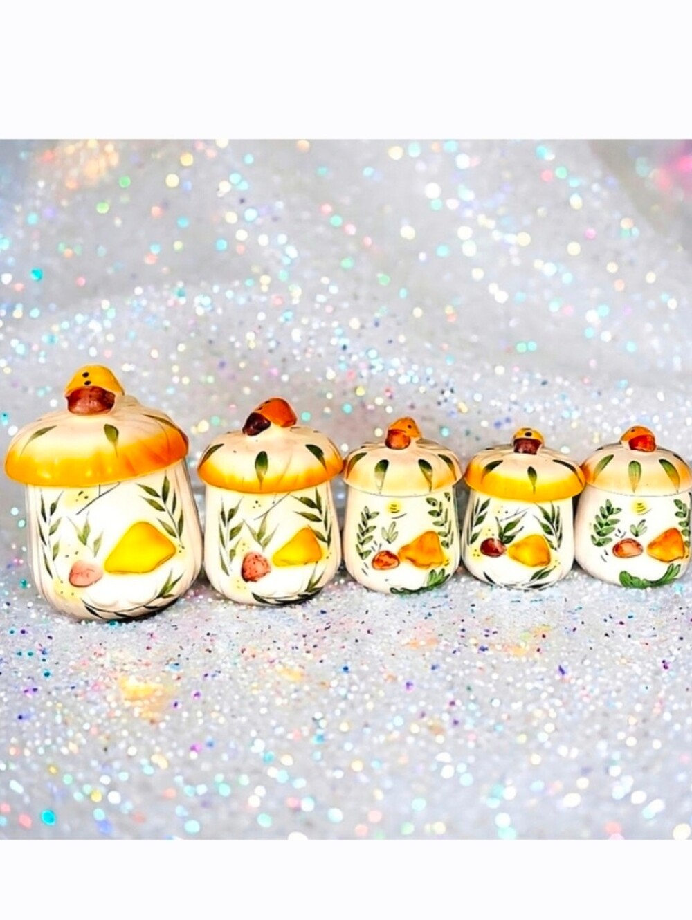 Set of 5 whimsical mushroom butterfly ceramic canisters